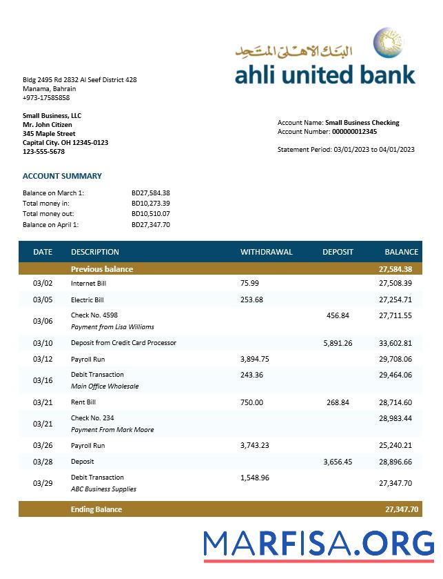 Blank Ahli United Bank firm account statement Word and PDF template